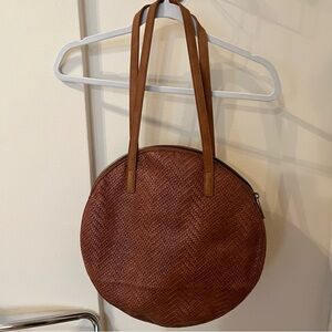 Round Brown Leather Woven Tote Bag - Women